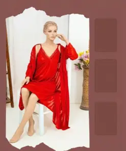 Alternative view of Premium Silk 2-Piece Bridal Nightwear Set - Elegant Lace Embroidery Sleepwear Free Size Sku:R-017